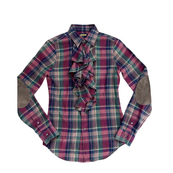 Ralph Lauren Rugby Tops - Ralph Lauren Rugby Plaid Ruffle Flannel Blouse Suede Elbow Patches 4 western